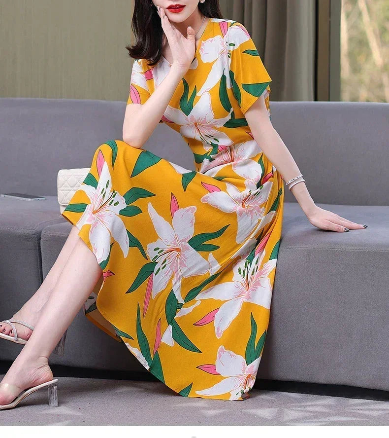 Women’s Summer Vintage Print Dress Loose Short Sleeve O Neck