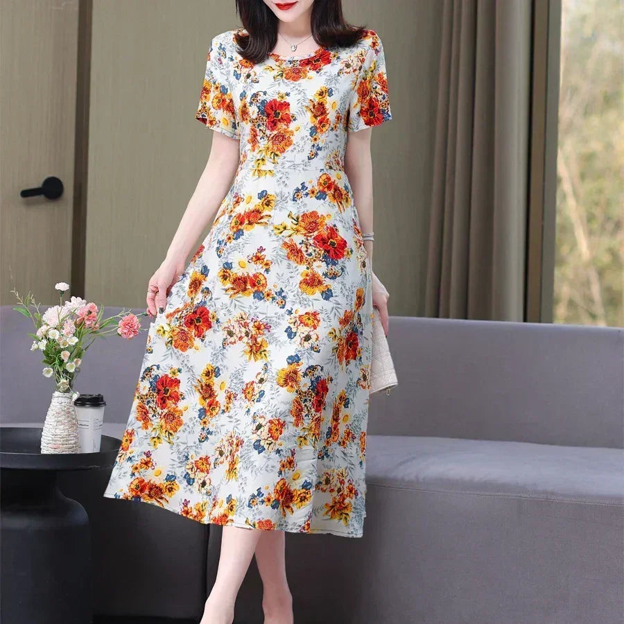Women’s Summer Vintage Print Dress Loose Short Sleeve O Neck
