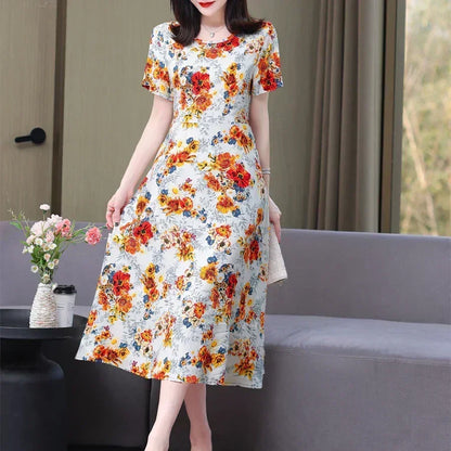 Women’s Summer Vintage Print Dress Loose Short Sleeve O Neck