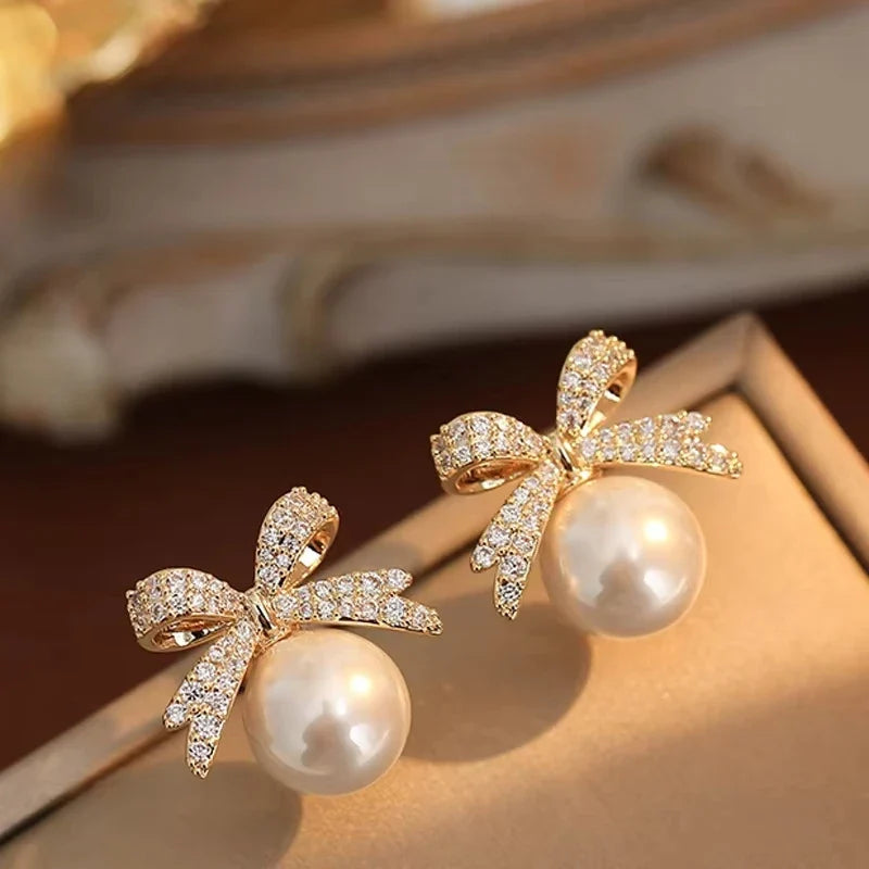 Zircon Bow & Pearl Pendant Earrings
