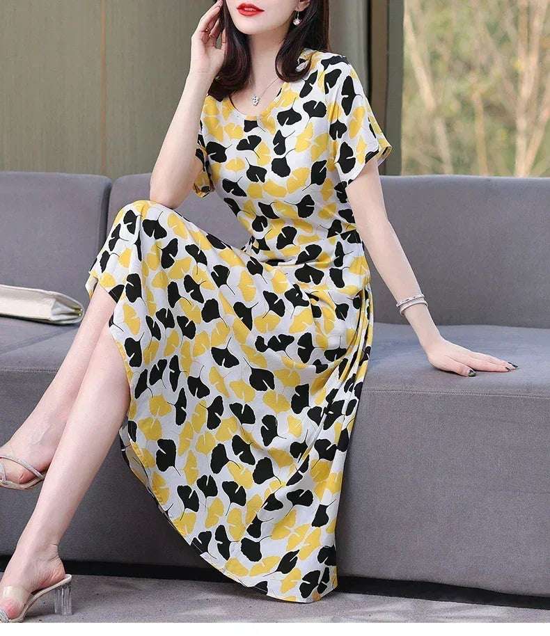 Women’s Summer Vintage Print Dress Loose Short Sleeve O Neck
