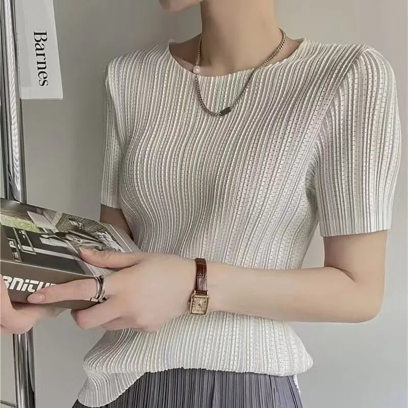 Women’s Pleated Short Sleeve Top Stylish Casual Fashion Shirt