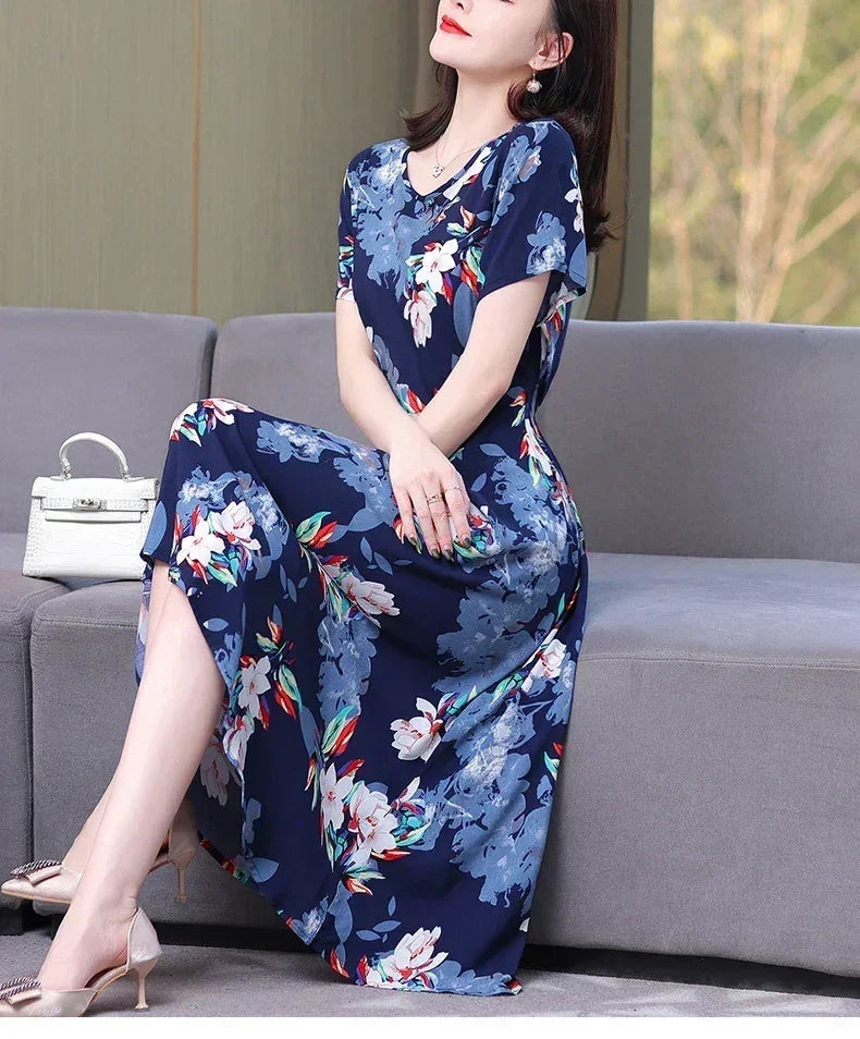 Women’s Summer Vintage Print Dress Loose Short Sleeve O Neck