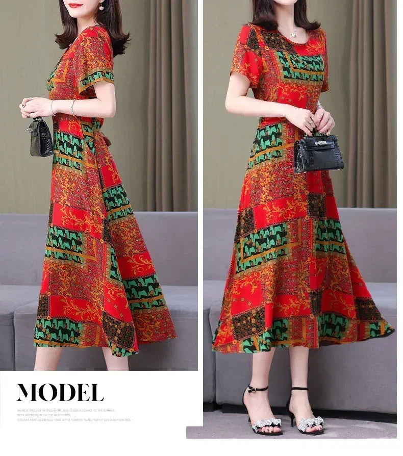 Women’s Summer Vintage Print Dress Loose Short Sleeve O Neck