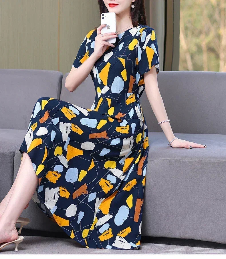 Women’s Summer Vintage Print Dress Loose Short Sleeve O Neck