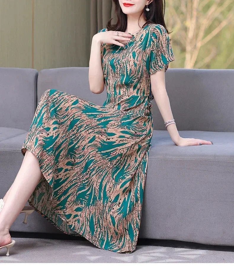 Women’s Summer Vintage Print Dress Loose Short Sleeve O Neck