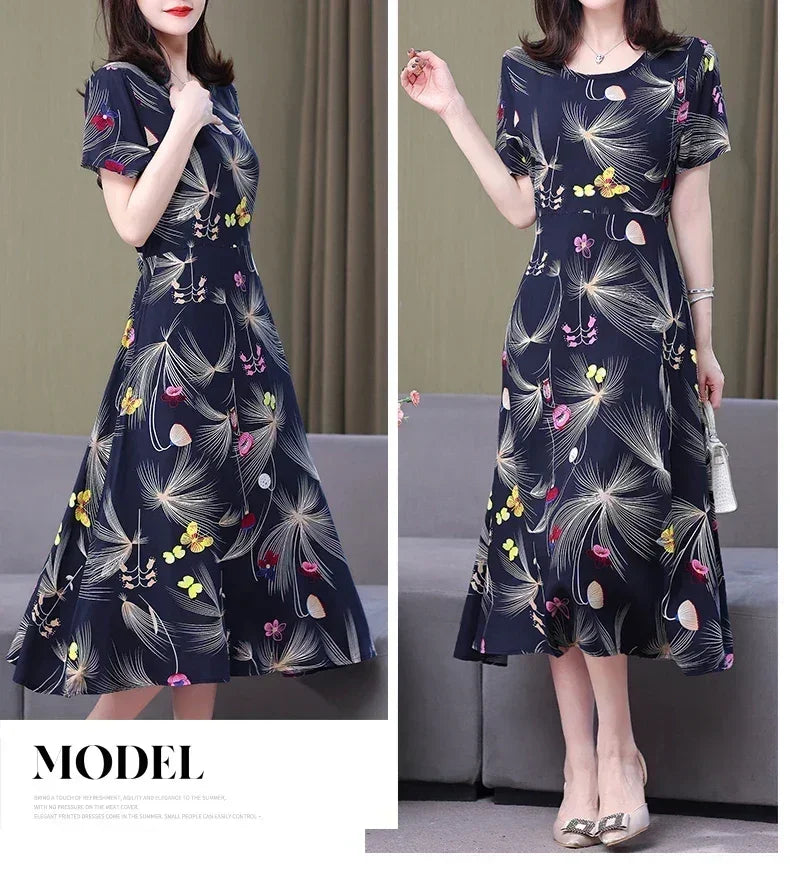 Women’s Summer Vintage Print Dress Loose Short Sleeve O Neck