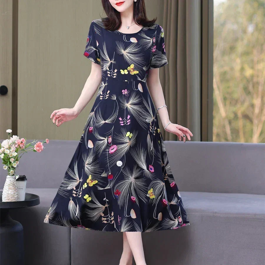 Women’s Summer Vintage Print Dress Loose Short Sleeve O Neck