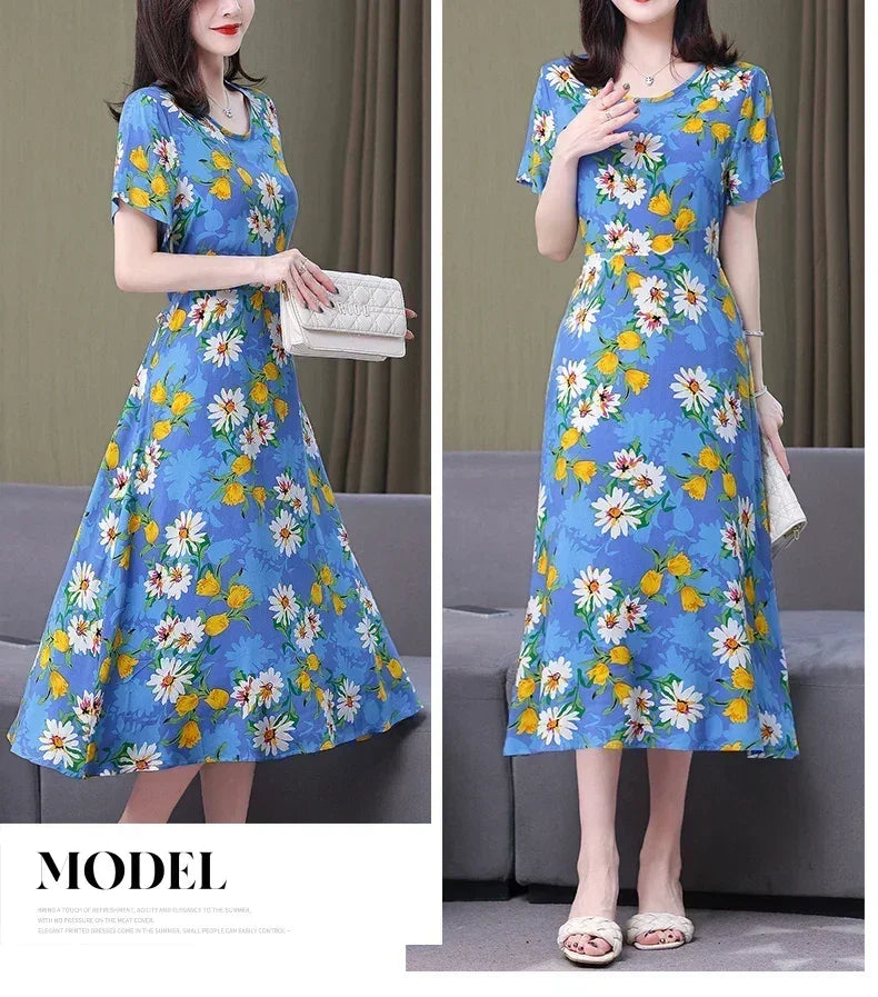 Women’s Summer Vintage Print Dress Loose Short Sleeve O Neck