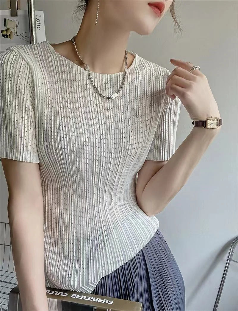 Women’s Pleated Short Sleeve Top Stylish Casual Fashion Shirt