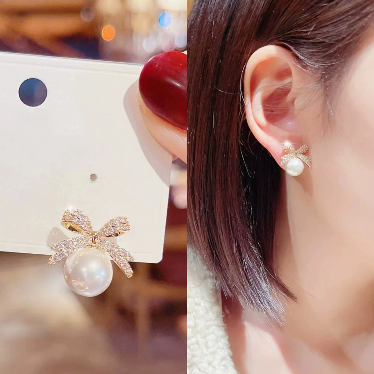 Zircon Bow & Pearl Pendant Earrings
