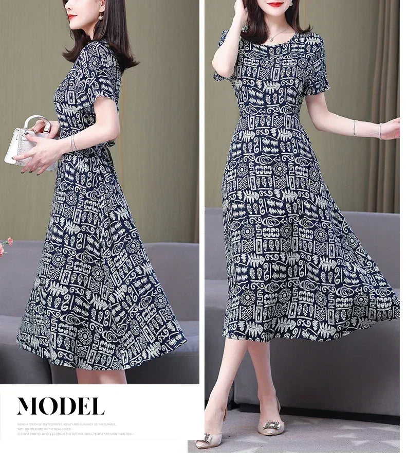 Women’s Summer Vintage Print Dress Loose Short Sleeve O Neck