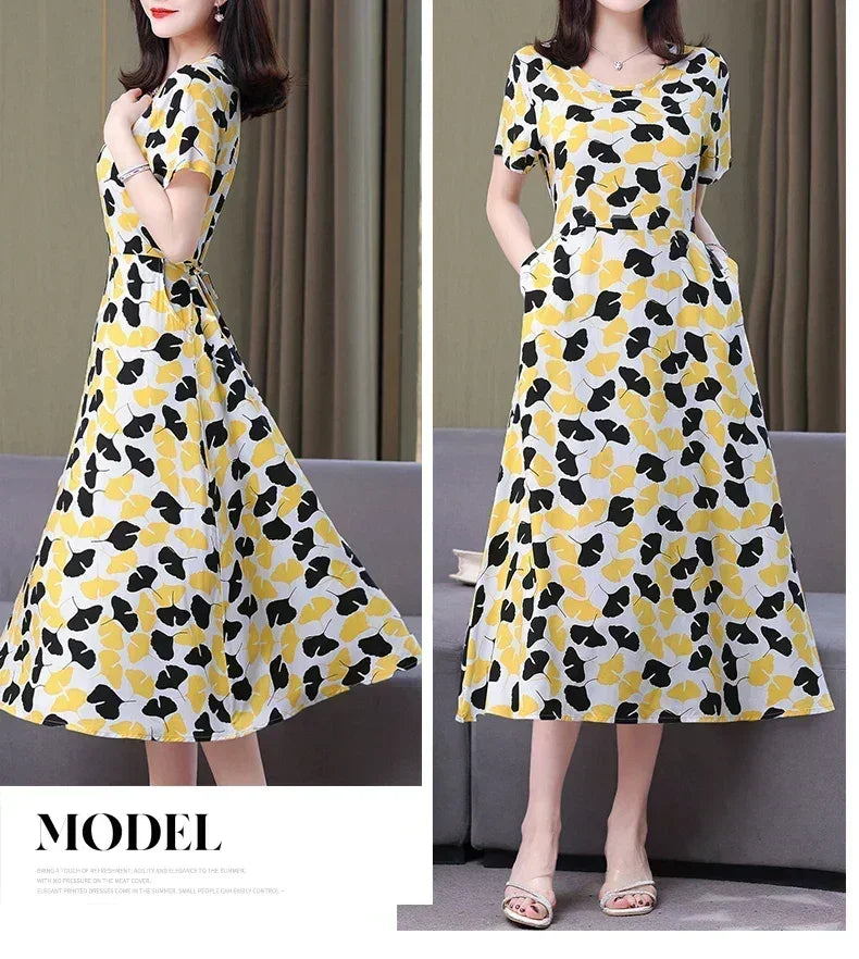Women’s Summer Vintage Print Dress Loose Short Sleeve O Neck