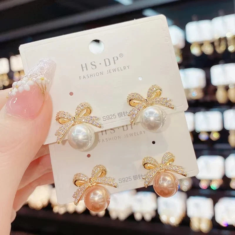 Zircon Bow & Pearl Pendant Earrings