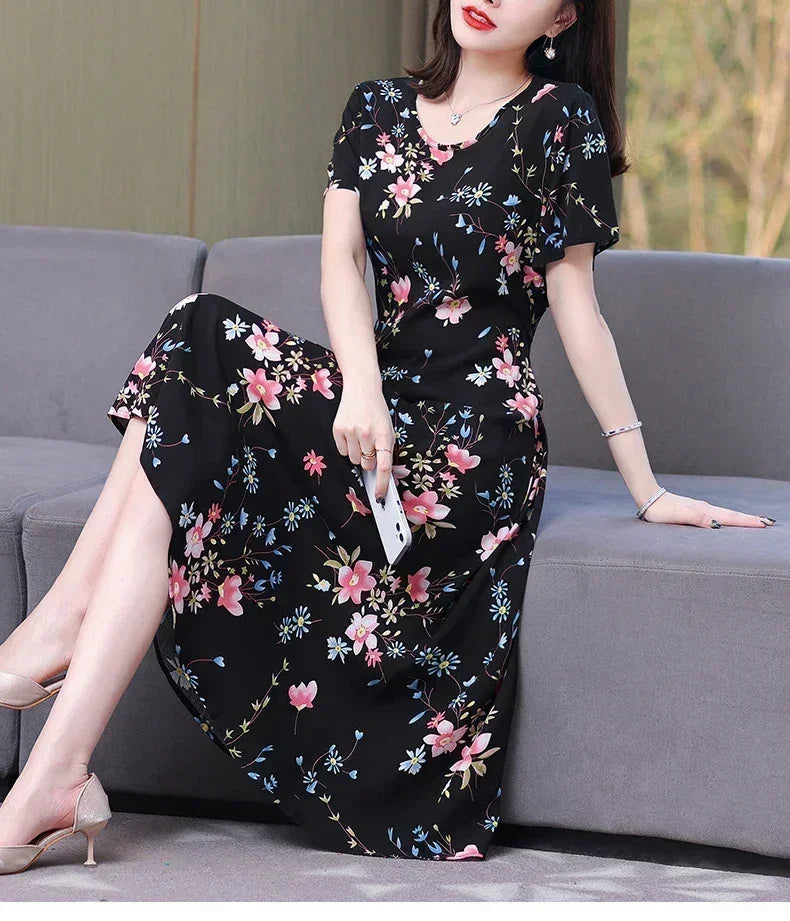 Women’s Summer Vintage Print Dress Loose Short Sleeve O Neck
