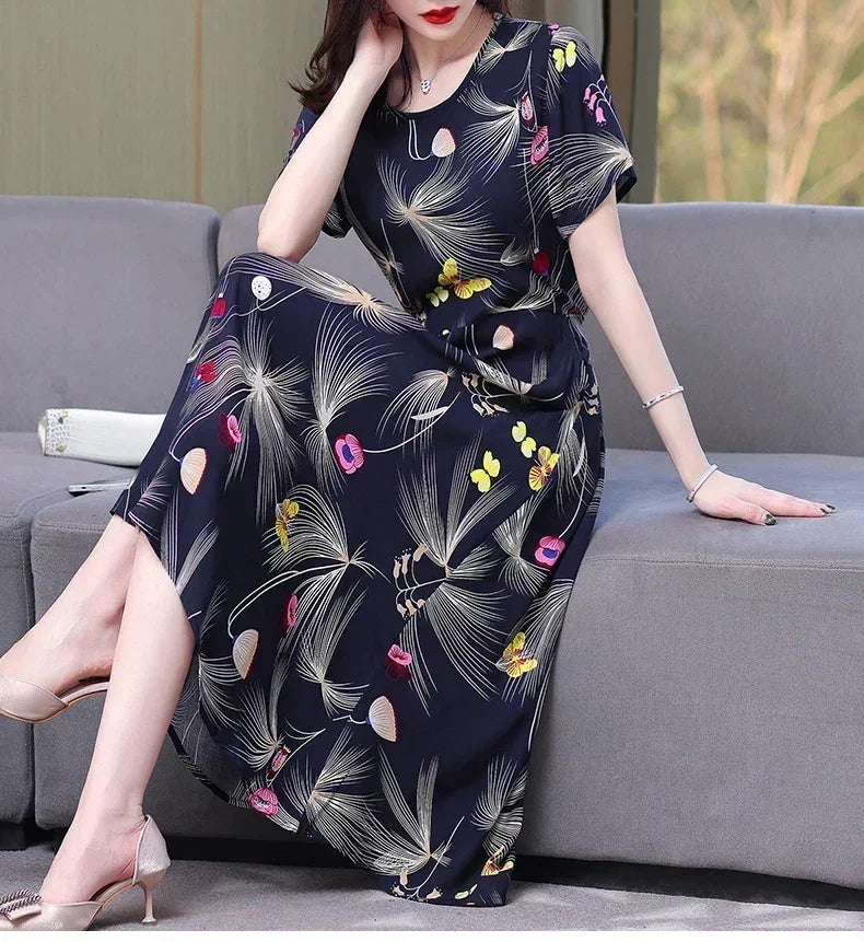 Women’s Summer Vintage Print Dress Loose Short Sleeve O Neck