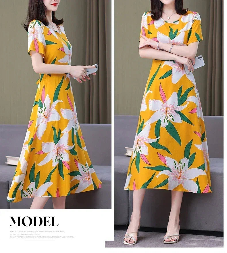 Women’s Summer Vintage Print Dress Loose Short Sleeve O Neck