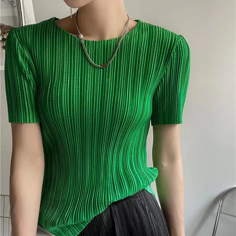 Women’s Pleated Short Sleeve Top Stylish Casual Fashion Shirt