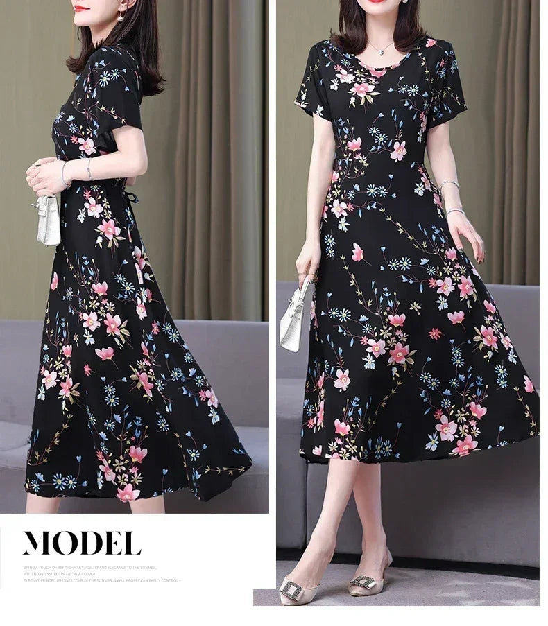 Women’s Summer Vintage Print Dress Loose Short Sleeve O Neck