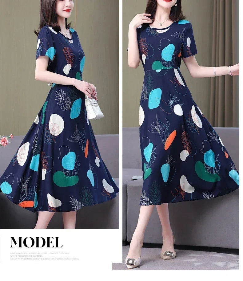 Women’s Summer Vintage Print Dress Loose Short Sleeve O Neck