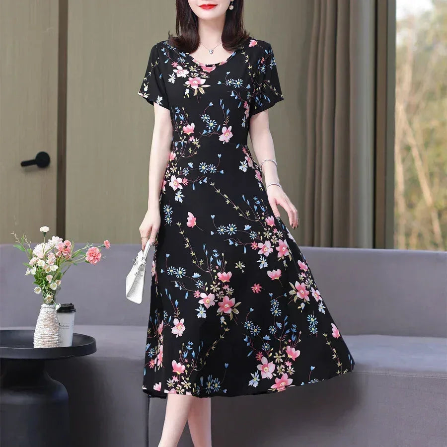 Women’s Summer Vintage Print Dress Loose Short Sleeve O Neck