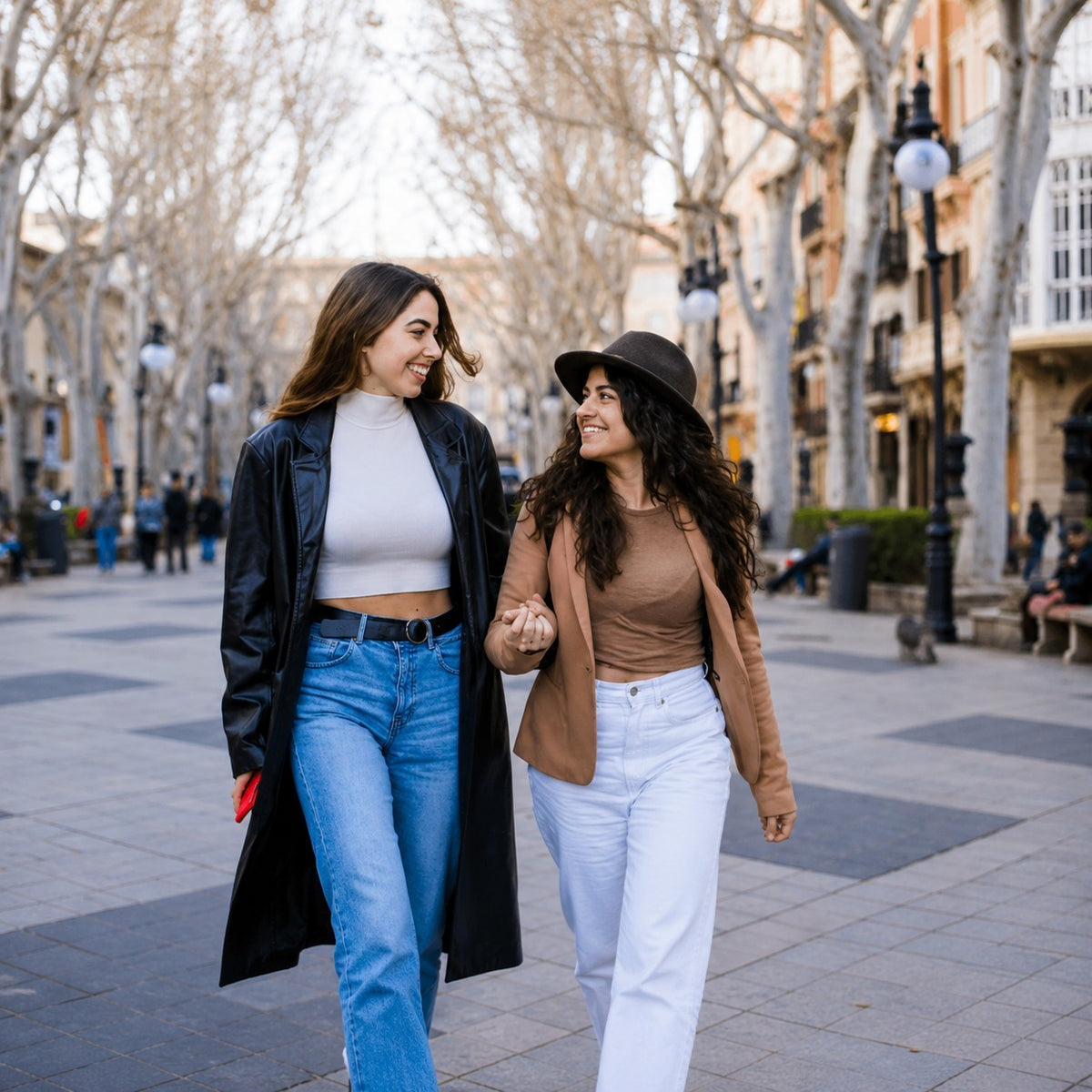 Two women walking hand-in-hand down a tree-lined city street. One wears a black leather jacket, white top, and blue jeans, while the other wears a brown hat, tan blazer, brown top, and white pants.
