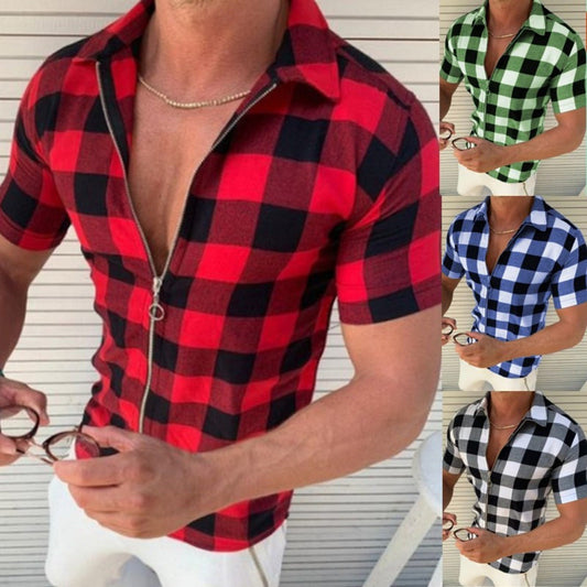 Men’s Plaid Zipper Short Sleeve Summer Casual Shirt