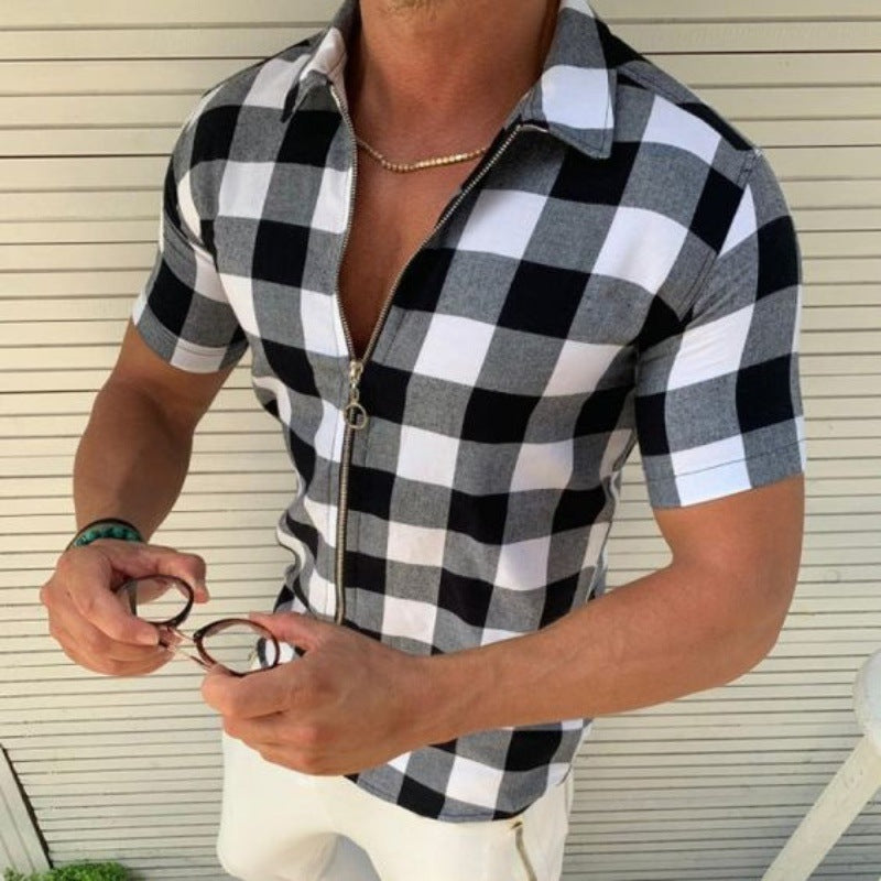 Men’s Plaid Zipper Short Sleeve Summer Casual Shirt