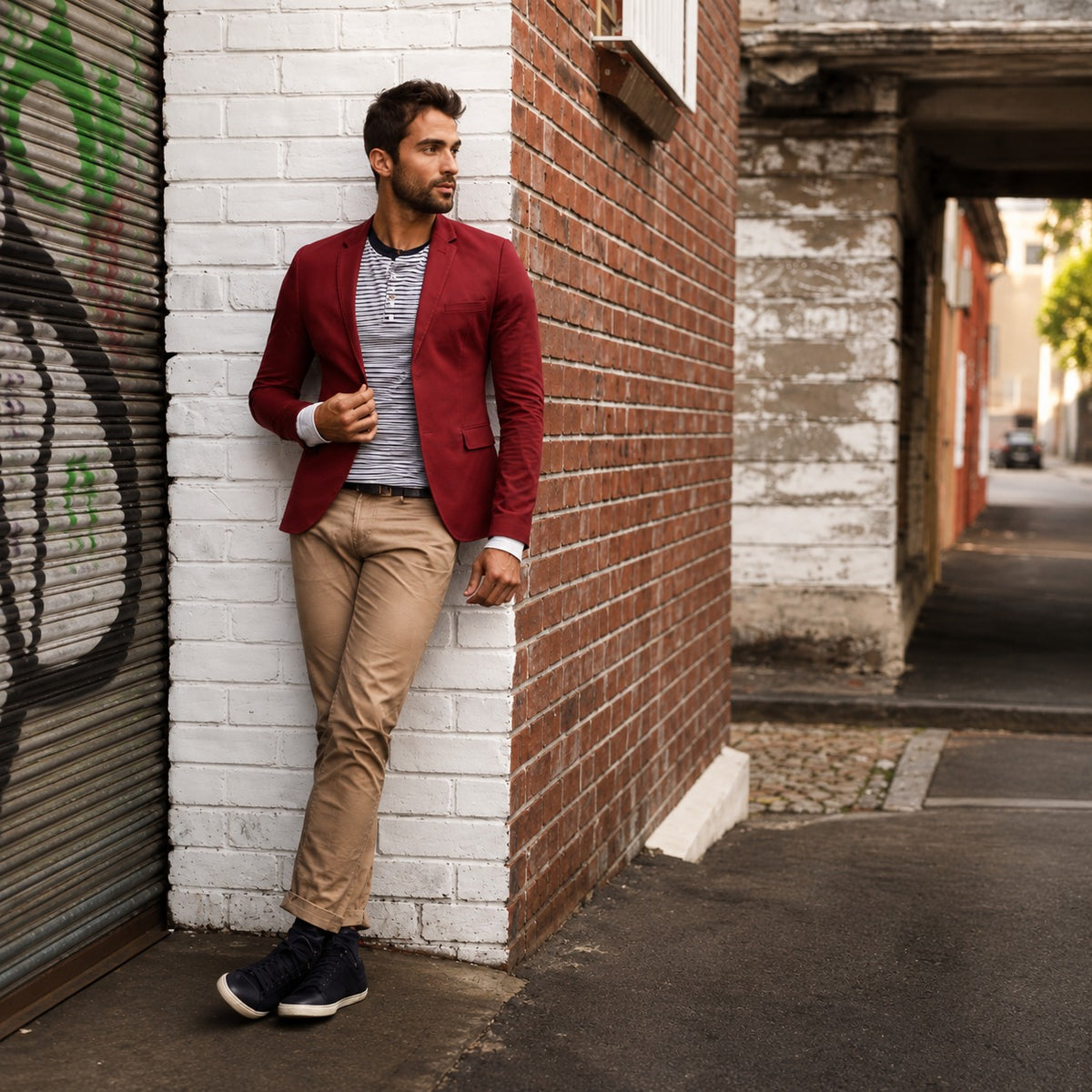 A man leans against a white brick wall in an urban alley, wearing a burgundy blazer, a gray and white striped shirt, khaki trousers, and dark sneakers.