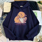 Women’s Cute Cat Cartoon Print Fleece Hooded Loose Sweatshirt