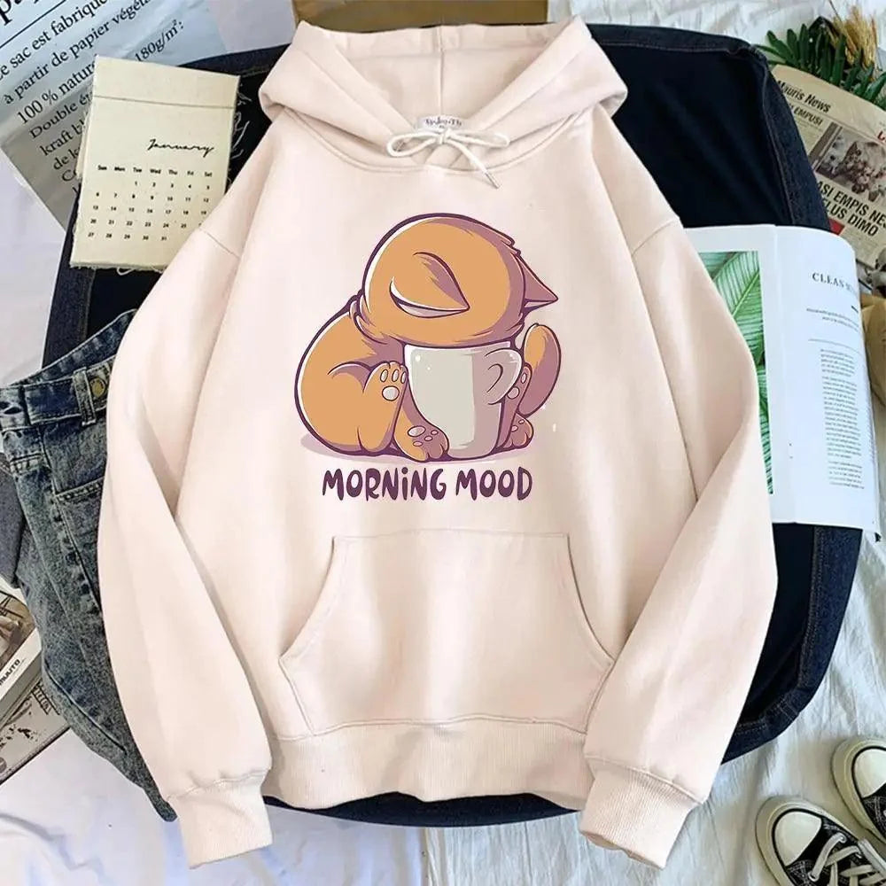 Women’s Cute Cat Cartoon Print Fleece Hooded Loose Sweatshirt