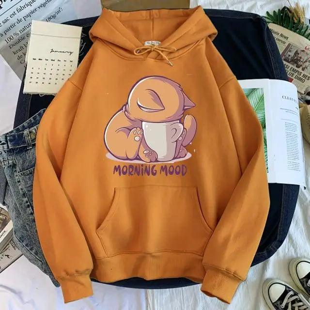 Women’s Cute Cat Cartoon Print Fleece Hooded Loose Sweatshirt