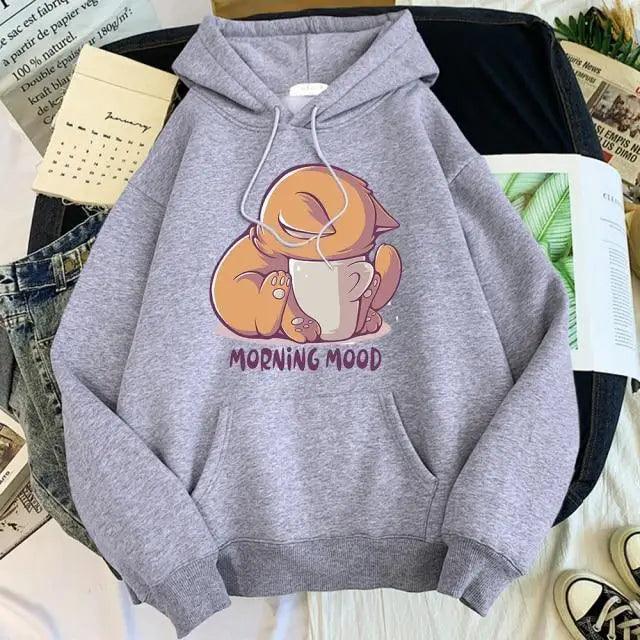 Women’s Cute Cat Cartoon Print Fleece Hooded Loose Sweatshirt