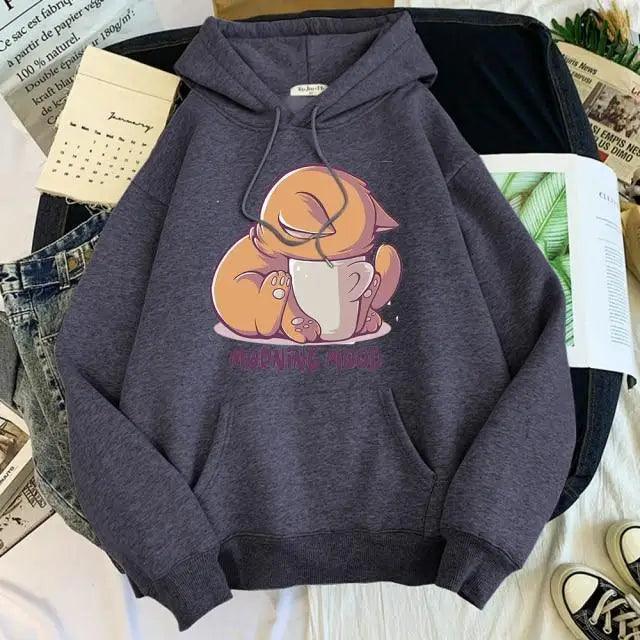 Women’s Cute Cat Cartoon Print Fleece Hooded Loose Sweatshirt