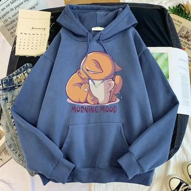 Women’s Cute Cat Cartoon Print Fleece Hooded Loose Sweatshirt