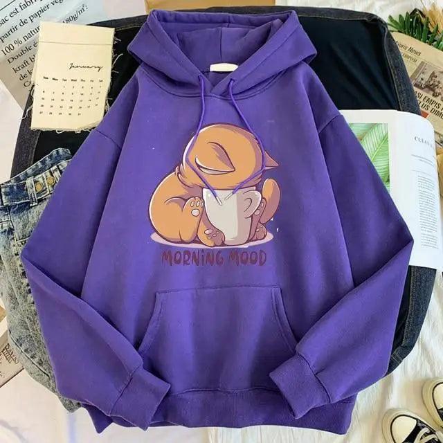 Women’s Cute Cat Cartoon Print Fleece Hooded Loose Sweatshirt