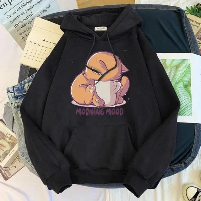 Women’s Cute Cat Cartoon Print Fleece Hooded Loose Sweatshirt