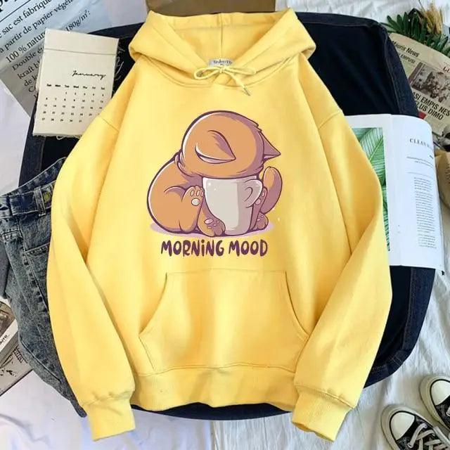 Women’s Cute Cat Cartoon Print Fleece Hooded Loose Sweatshirt
