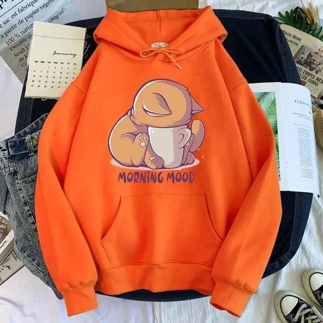 Women’s Cute Cat Cartoon Print Fleece Hooded Loose Sweatshirt