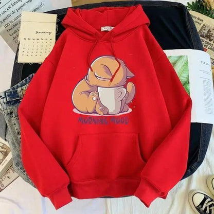 Women’s Cute Cat Cartoon Print Fleece Hooded Loose Sweatshirt