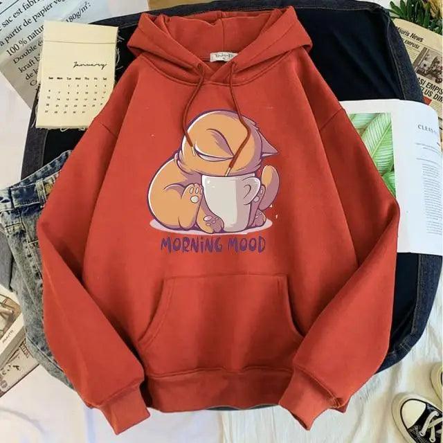 Women’s Cute Cat Cartoon Print Fleece Hooded Loose Sweatshirt