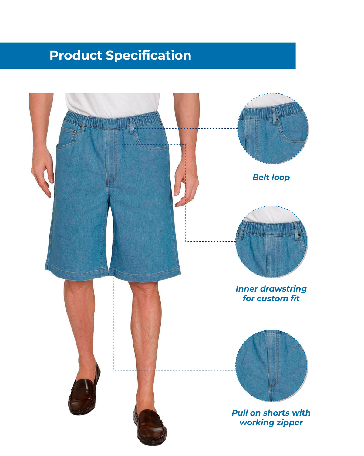 Men’s Pull On Stretch Denim Twill Shorts Elastic Waist