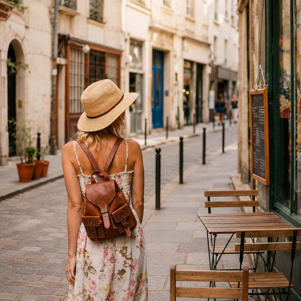 A woman seen from behind wearing a straw hat, a floral dress, and a brown leather backpack, walking down a cobblestone street in a European-style town.